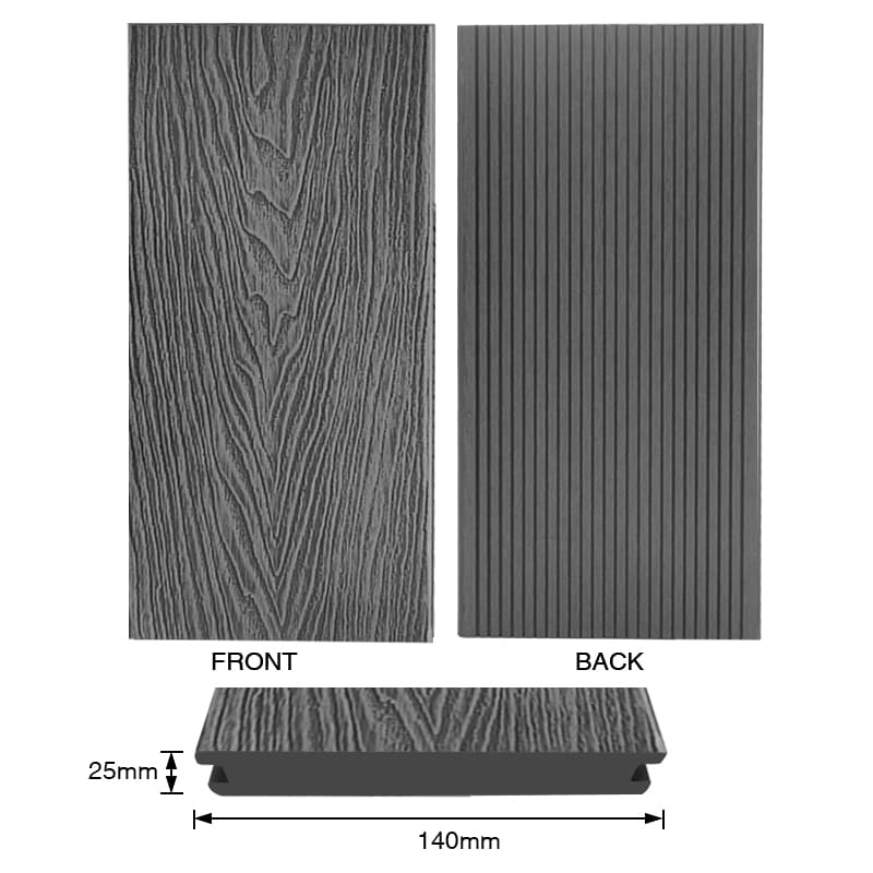Tercel 140*25mm Non-slip WPC Boards for Pool Deck Dark Grey 3D Wood Grain Solid Decking Floor